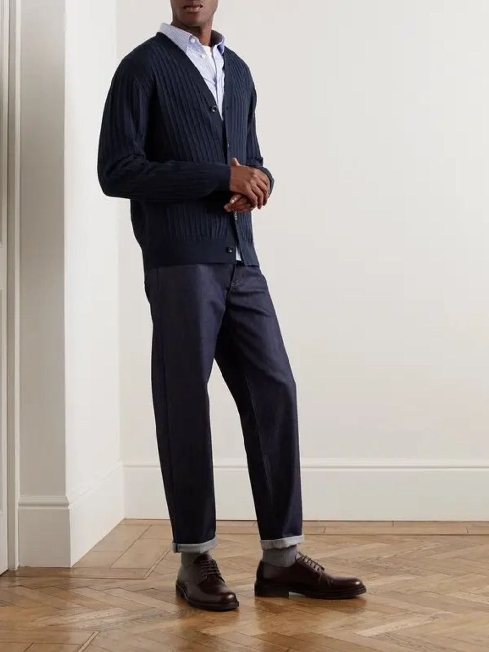 Mr P. Ribbed Merino Wool Navy Cardigan